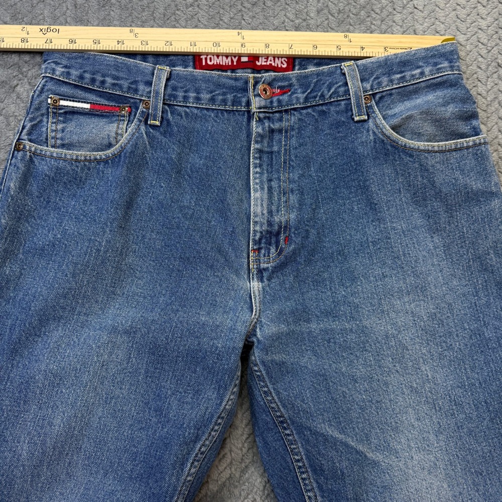 Tommy‎ Jeans Straight Leg Denim Mens 34x30 Blue Frayed Hem 90s Vintage - Picture 7 of 15